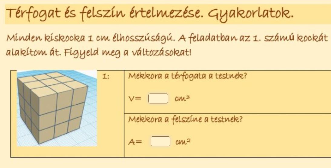 Felszín, térfogat Live Worksheets feladatlap